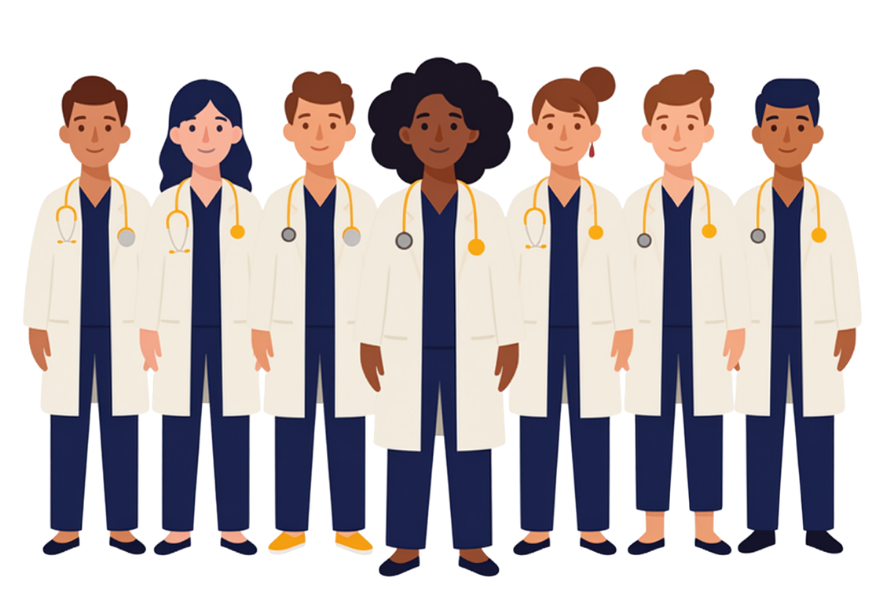 A group of seven diverse medical professionals in white coats and blue scrubs stand side-by-side with stethoscopes around their necks